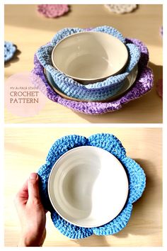 crocheted dishcloths are used as placemats to hold dishes on the table