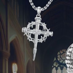 Beautiful Christian necklace, handcrafted in the shape of Jesus cross that featuring nail cross and crucifix crown of thorns. It is sterling silver and it is 22 inches long plus 2 inches extender. Jesus Cross Necklace, Nail Cross Necklace, Cross Necklace For Men, Nail Cross, Christian Necklace, Jesus Cross, Crown Of Thorns, Necklace For Men, Jesus On The Cross