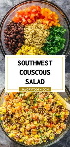 southwest salad with black beans, corn, carrots and other vegetables in a glass bowl