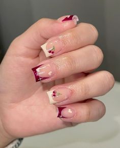 French Tips With Cherries, Cherry Nail, Cherry Nails, Ombre Acrylic Nails, French Tip Acrylic Nails, Simple Acrylic Nails