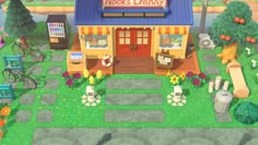 an animal crossing game is shown in the middle of a small town with lots of animals and