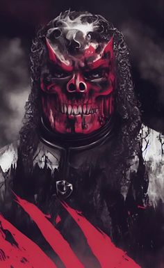 a demonic looking man with red paint on his face and long hair, standing in front of dark clouds