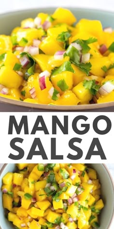 mango salsa in a bowl with the title above it