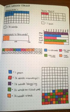 an open notebook with several different colored squares on the pages and numbers in each row