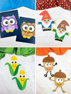 four different pictures of paper cut outs with owls and corn on the cob