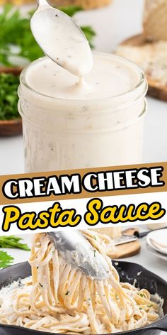 creamy cheese pasta sauce in a skillet with a spoon on top and the title overlay reads, cream cheese pasta sauce