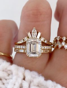 caption:1.70ct emerald cut diamond Trendy Engagement Rings Unique, Emerald Cut Engagement Ring Stack, Emerald Engagement Ring Stack, Emerald Cut Halo Engagement Ring, Stacked Engagement Ring, 6mm Wedding Band, Emerald Cut Halo, Wedding Ring Sets Unique, Cz Rings