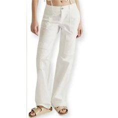 Straight Leg White Color 100% Cotton Size 10 Length: 41.5'', Inseam: 32'', Waist: 34'' New Without Price Tag, Tag String Still Attached B-4(25) V Mid-rise White Wide Leg Pants With Pockets, White Mid-rise Wide Leg Pants With Pockets, Mid-rise White Cargo Pants, White Mid-rise Utility Pants, White Mid-rise Cargo Pants, White Mid-rise Cotton Wide Leg Pants, White Mid-rise Wide Leg Cotton Pants, Fitted White Cargo Pants With Cargo Pockets, Fitted Full Length White Cargo Pants