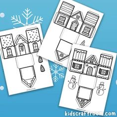 three christmas coloring pages with snowflakes and houses