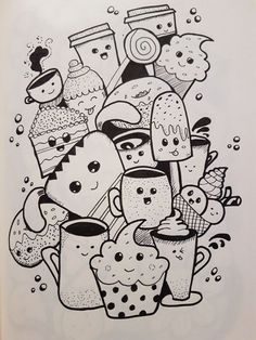 a drawing of some food and drinks in the shape of a pile of donuts