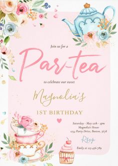 a pink tea party card with flowers and cupcakes on the bottom, in front of a white background