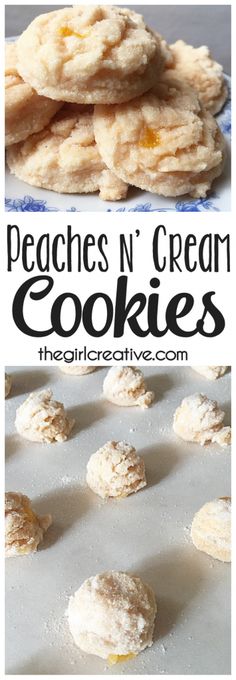 some cookies that are on top of a cookie sheet with the words peaches n'cream cookies