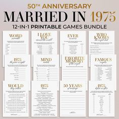 the 50th anniversary party game is set up with gold foil on white paper and black lettering