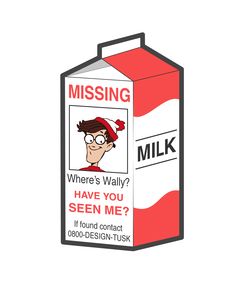 a milk carton with a cartoon character on it and the words, missing where's waly? have you seen me? if found contact 80009 design - us