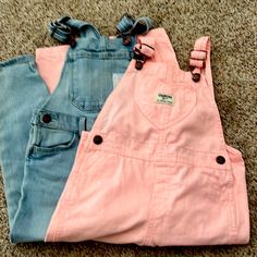 Two Pairs Of Oshkosh Overalls. Distressed Denim And Pink. $25 For Both Or $15 Each. Osh Kosh Overalls, Denim And Pink, Pink Overalls, Oshkosh Overalls, Girls Overalls, Distressed Denim, Overalls, Pink, Color