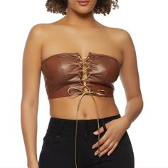 New Brown Faux Leather Sleeveless Strapless Crop Top With Gold Laces Size Large New With Tags Nwt Never Worn Wiso.7.3 Chic Sleeveless Tube Top For Fall, Chic Brown Tube Top For Night Out, Strapless Brown Tube Top For Night Out, Fall Sleeveless Tube Top, Spring Brown Sleeveless Tube Top, T Shirt Knot, Black Leather Corset, Black Lace Shirt, Stretchy Crop Tops