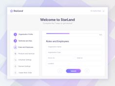 the welcome screen for starland, an application that allows users to sign up and receive information