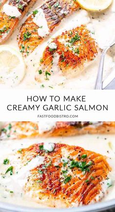 grilled salmon with creamy garlic sauce and lemon wedges