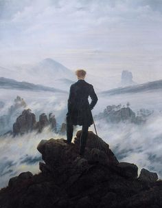 a painting of a man standing on top of a mountain looking out over the clouds