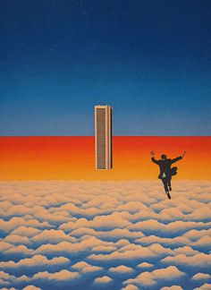 a painting of a man in the air with his arms outstretched above clouds and a tall building