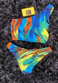 MultiColor Two Piece Bikini Swimsuit Set - Eccentrik Collections, LLC Vibrant Stretch Swimwear For Beach Season, Vibrant Stretch Swimwear For Pool, Colorful Stretch Swimwear For Pool, Colorful Stretch Summer Swimwear, Multicolor Stretch Tankini For Sunbathing, Stretch Multicolor Tankini For Sunbathing, Multicolor Stretch Summer Swimwear, Vibrant Green Swimwear For Sunbathing, Multicolor Color Block Bodysuit For Poolside