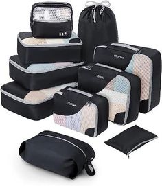 an assortment of black and white luggage with the name oatfike on it