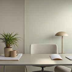 a desk with a computer, keyboard and potted plant