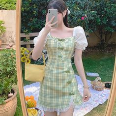 Size: S, Color: Green Affordable Short Sleeve Kawaii Dresses, Green Kawaii Aesthetic, Custom Made Clothing, Korean Dress, Elegant Dresses For Women, Puff Sleeve Dress, Puff Sleeve Dresses, Clothing Pieces, Best Version Of Yourself