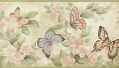 butterflies and flowers on a beige background with green border