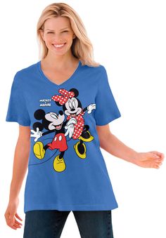 Disney characters in our bestselling Perfect Tee fit! This soft short-sleeve cotton V-neck comes in a roomy fit for a great everyday feel. Find your new go-to in an array of colors and graphics. Solids: 100% cotton; Heathers: cotton/polyester28" length; hits low hipMachine washable, imported  | Plus Size Women's Disney Dark Blue Mickey Minnie V-neck Tee by Disney in Dark Blue Mickey Minnie (Size 1X) Thermal Sweater, Disney Shop, Womens Scrubs, Swimsuits For All, Petite Tops, Maxi Dress Party, Mickey And Friends, Soft Shorts, Cardigan Tops