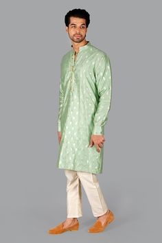 Green banarasi silk kurta with woven floral blossom motifs. Comes with pant. - Aza Fashions Kurta With Pants, Aza Fashion, Mens Pants, Silk, Green, Pants, Floral