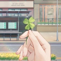 a hand holding a four leaf clover in front of a building