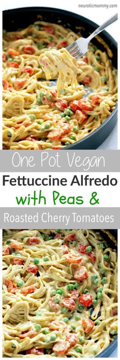 one pot vegan fettuccine alfredo with peas and roasted cherry tomatoes