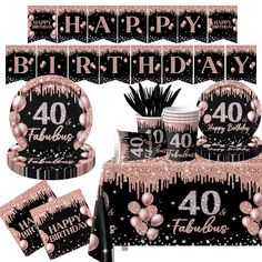 pink and black birthday decorations with balloons