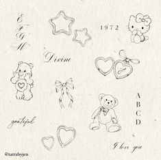 an old fashioned drawing of teddy bears and other personalized items for someone's special day