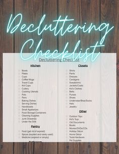 a checklist with the words decluttering checklist written in neon lights