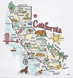 a map of the state of california with all its major cities and towns painted on it