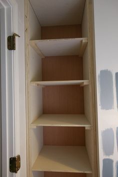 an open closet door with shelves painted in blue and white paint on the wall behind it