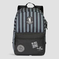 The Wednesday Addams-inspired backpack is your go-to for a touch of dark charm. Made from durable polyester in stylish black and grey stripes, it's both modern and practical. The main compartment with a regular zipper and a black front pocket offer space for all your essentials. The front pocket internal organizer keeps your essentials in check, while the side mesh water bottle pockets provide easy access to your hydration companions. Complete with reflective tabs for added visibility & adjustab Black College Bag For Back To School, Back To School Black College Bag, Black College Backpack, Wednesday Series, The Wednesday, Animal Backpacks, Disney Kids, Boys Accessories, Wednesday Addams