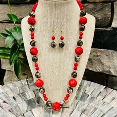 Handmade Necklace And Earrings Set Genuine Bamboo Coral Genuine Chinese Cloisonn Intricate And Detailed Carvings 14k Gold Plated All Vintage Beads Handmade With Love And Blessings Measures Approximately 22” Long Item Nk-58 Red Coral Jewelry With Natural Stones In Round Beads, Elegant Red Beaded Necklaces With Natural Stones, Elegant Red Beaded Necklace With Natural Stones, Formal Single Strand Red Coral Jewelry, Red Coral Round Beads For Jewelry Making, Traditional Red Necklace With Matching Earrings, Red Round Jewelry Sets With Matching Earrings, Elegant Red Gemstone Beads Jewelry, Elegant Red Jewelry With Gemstone Beads