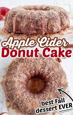 two donuts sitting on top of each other with the words apple cider donut cake above them