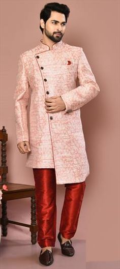 Pink and Majenta color Sherwani in Banarasi Silk fabric with Weaving work Luxury Pink Sherwani With Traditional Drape, Luxury Long Sleeve Pink Sherwani, Luxury Pink Sherwani For Diwali, Silk Fabric, Weaving, Silk, Pink, Fabric, Color