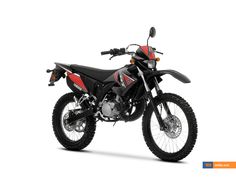 a red and black dirt bike on a white background