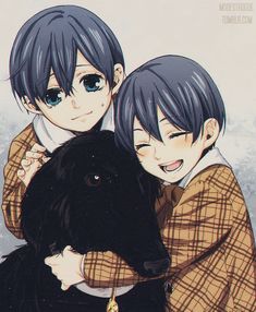 two anime boys hugging each other with a dog in front of them, one boy has his head on the back of another guy's shoulder