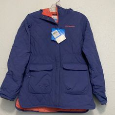 Columbia Jacket For Big Girl Size Large Small In Women’s Size Navy Hooded Outerwear For Spring, Spring Hiking Outerwear With Pockets, Navy Outerwear For Hiking In Fall, Navy Outerwear For Fall Hiking, Casual Pink Outerwear For Hiking, Blue Outerwear For Hiking In Spring, Blue Outerwear For Spring Hiking, Spring Hiking Outerwear With Long Sleeves, Womens Snow Pants