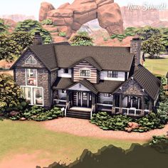 this is an artist's rendering of a large house in the mountains with trees and bushes