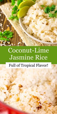 coconut lime jasmine rice in a red bowl with garnishes on the side