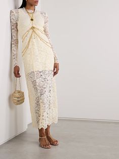 RABANNE Pintucked scalloped lace maxi dress | NET-A-PORTER Luxury Spring Dress For Wedding Guest, Luxury Spring Wedding Guest Dress, Elegant Lace Dress For Spring, Elegant Spring Lace Dress, Feminine Lace Midi Dress For Evening, Spring Evening Midi Dress With Lace Work, Elegant Beige Lace Dress With Delicate Lace, Elegant Beige Lace Dress With Delicate Details, Luxury Lace Dress For Spring