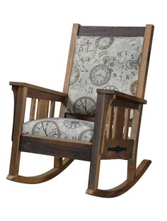 a wooden rocking chair with an upholstered seat