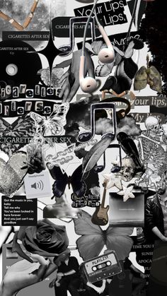 a collage of black and white images with various things on them, including flowers